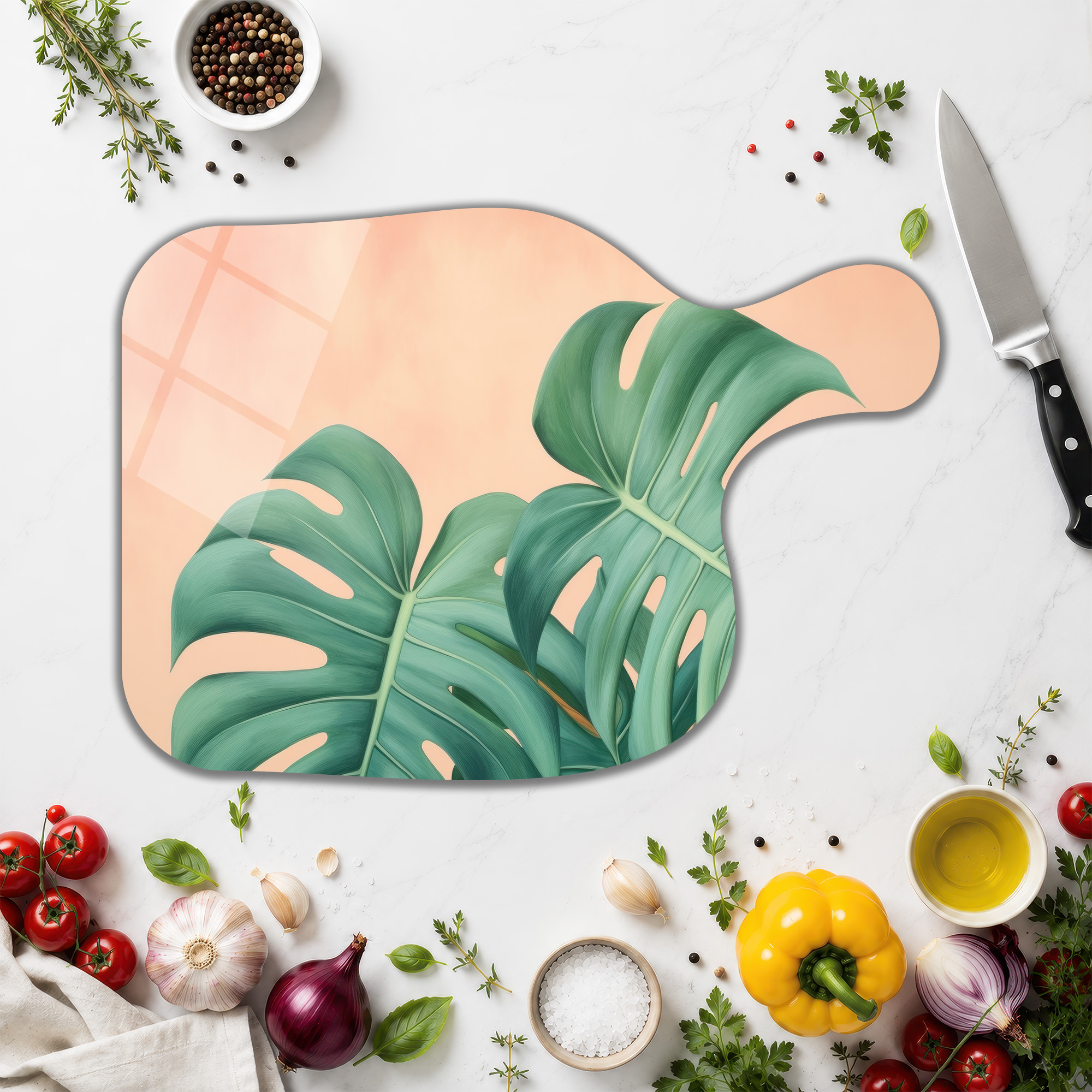 Tropik Esintili Monstera Desenli Cam Kesme Tahtası - Glazella Tropik Esintili Monstera Desenli Cam Kesme Tahtası - Glazella