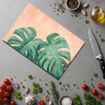 Tropik Esintili Monstera Desenli Cam Kesme Tahtası - Glazella Tropik Esintili Monstera Desenli Cam Kesme Tahtası - Glazella