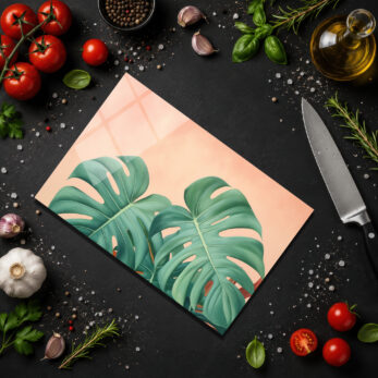 Tropik Esintili Monstera Desenli Cam Kesme Tahtası - Glazella Tropik Esintili Monstera Desenli Cam Kesme Tahtası - Glazella