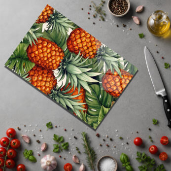 Tropikal Ananas Desenli Şık Cam Kesme Tahtası - Glazella
