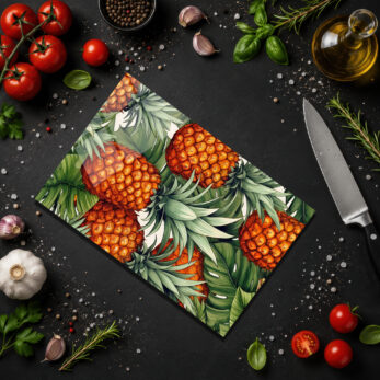 Tropikal Ananas Desenli Şık Cam Kesme Tahtası - Glazella