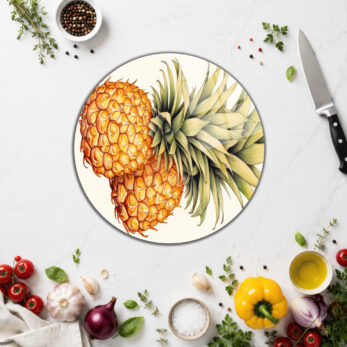 Ananas Desenli Yuvarlak Cam Kesme Tahtası - Şık Mutfak Yardımcısı - Glazella