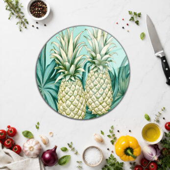Tropik Ananas Desenli Yuvarlak Cam Kesme Tahtası - Glazella