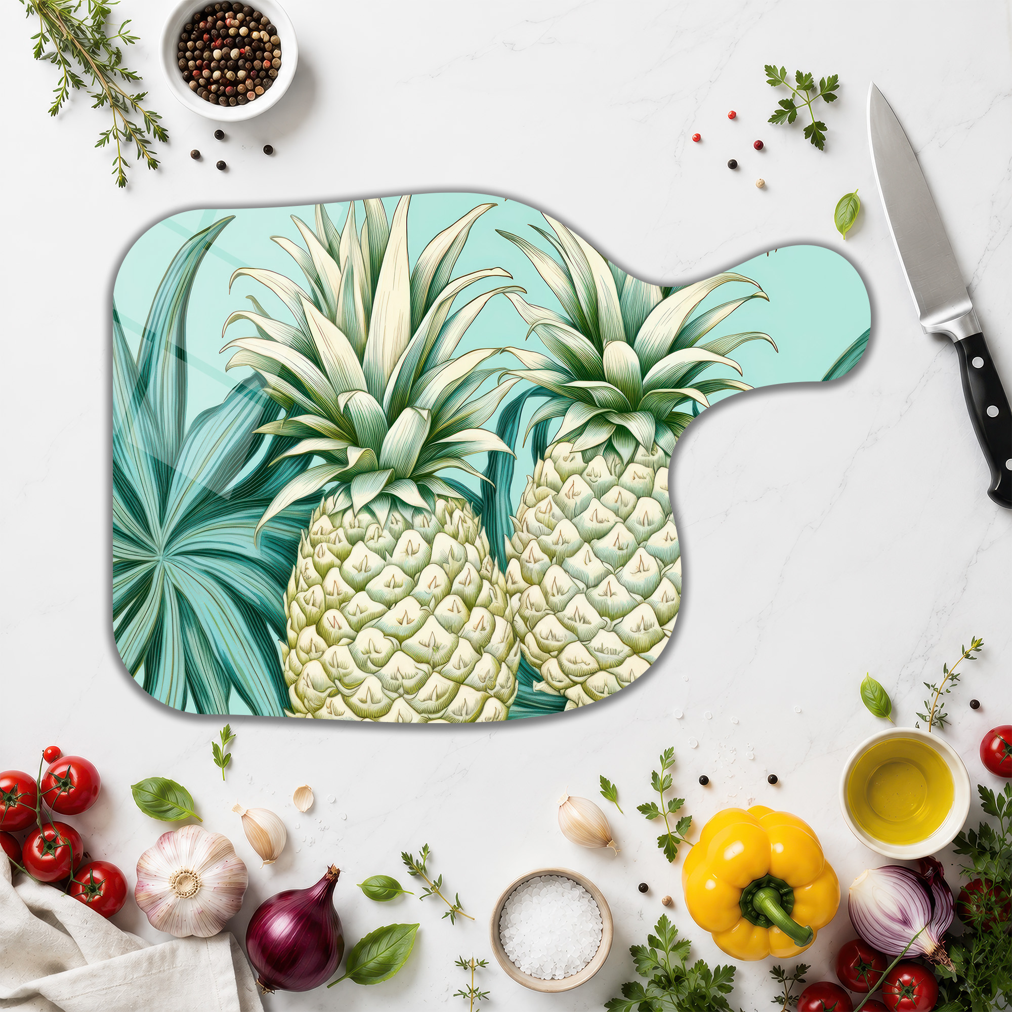 Tropik Ananas Desenli Yuvarlak Cam Kesme Tahtası - Glazella - Glazella Tropik Ananas Desenli Yuvarlak Cam Kesme Tahtası - Glazella