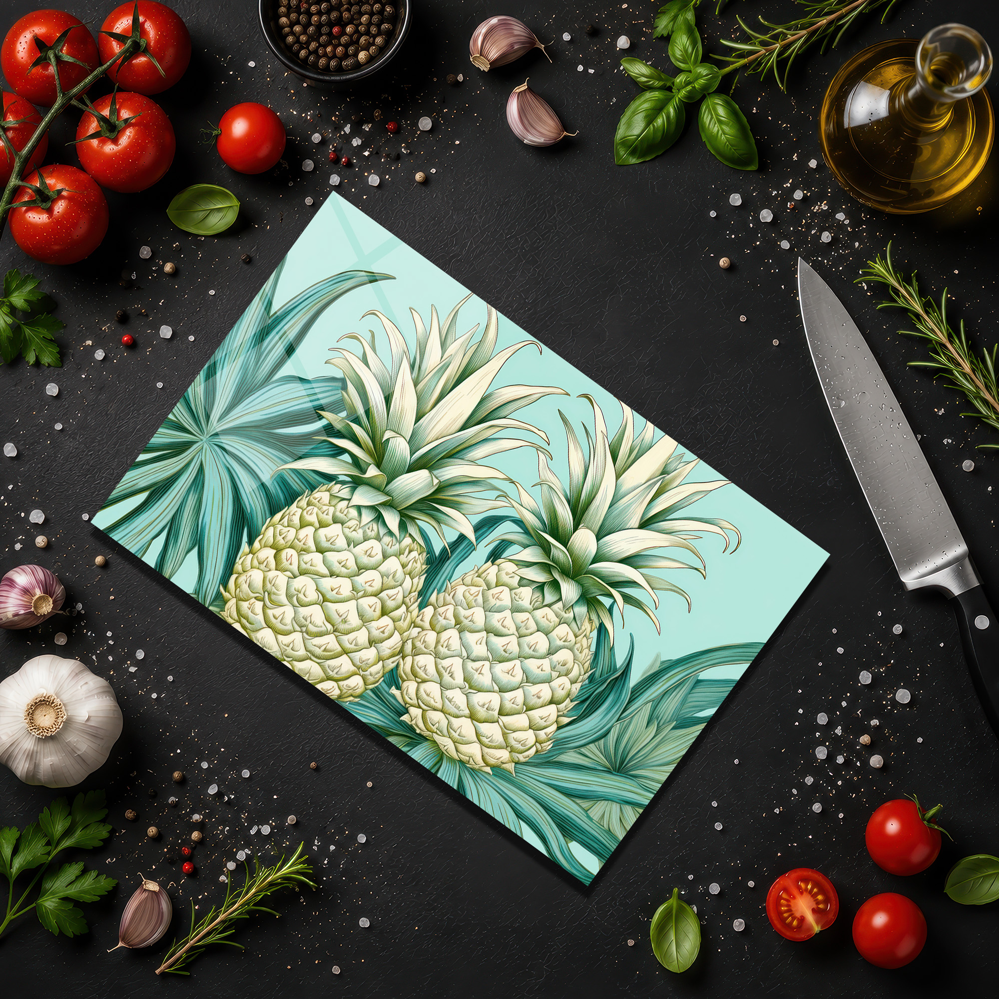 Tropik Ananas Desenli Yuvarlak Cam Kesme Tahtası - Glazella - Glazella Tropik Ananas Desenli Yuvarlak Cam Kesme Tahtası - Glazella