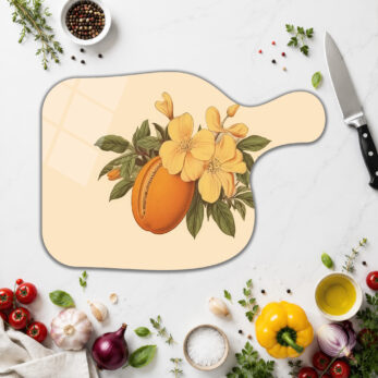 Sarı Çiçekli ve Meyveli Botanik Desenli Cam Kesme Tahtası - Glazella