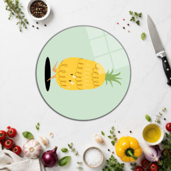 Neşeli Ananas Tasarımlı Yuvarlak Cam Kesme Tahtası - Glazella