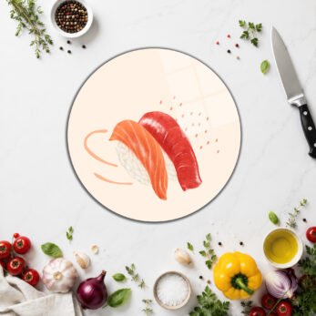 Modern Sushi Temalı Yuvarlak Cam Kesme Tahtası - Glazella