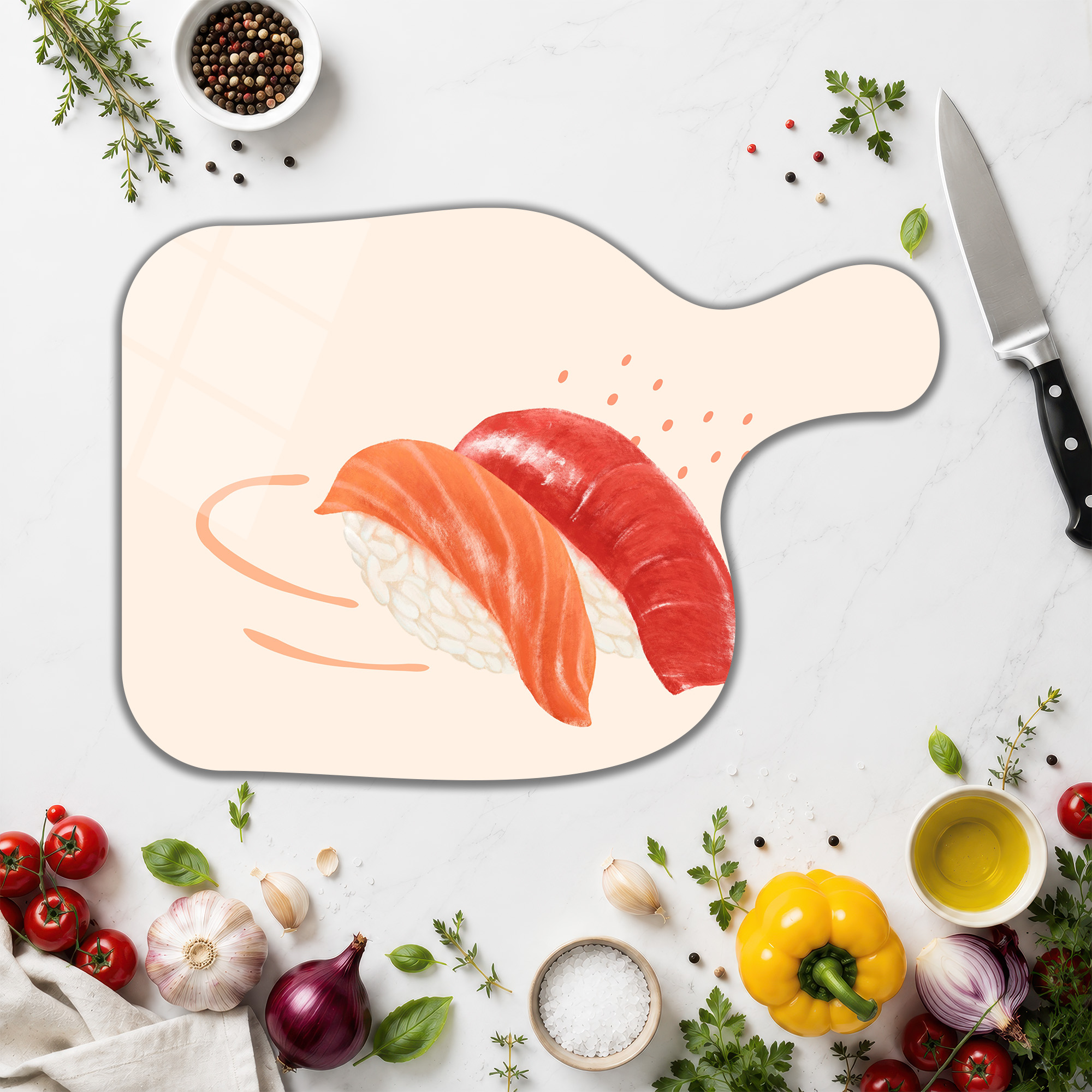 Modern Sushi Temalı Yuvarlak Cam Kesme Tahtası - Glazella Modern Sushi Temalı Yuvarlak Cam Kesme Tahtası - Glazella