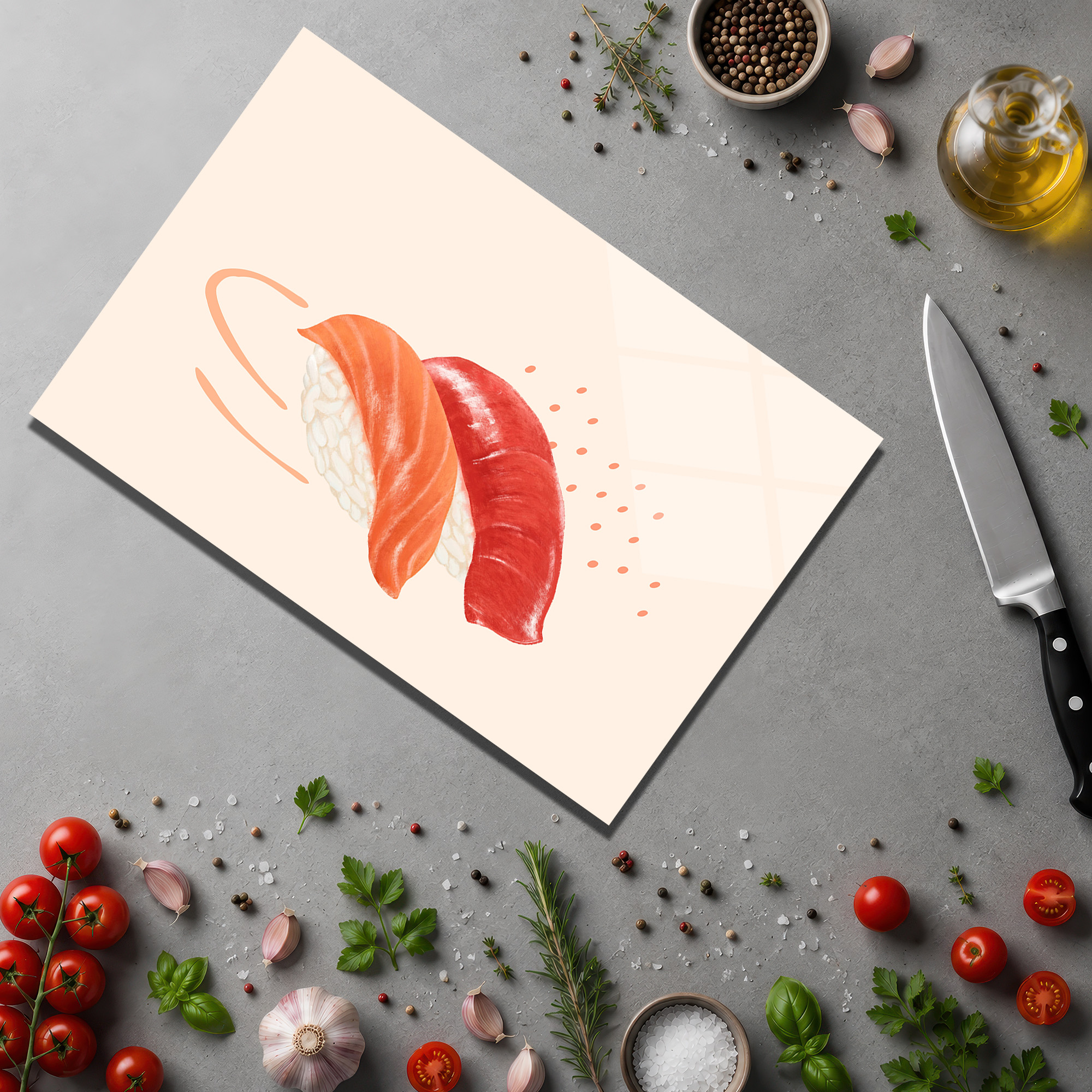 Modern Sushi Temalı Yuvarlak Cam Kesme Tahtası - Glazella Modern Sushi Temalı Yuvarlak Cam Kesme Tahtası - Glazella