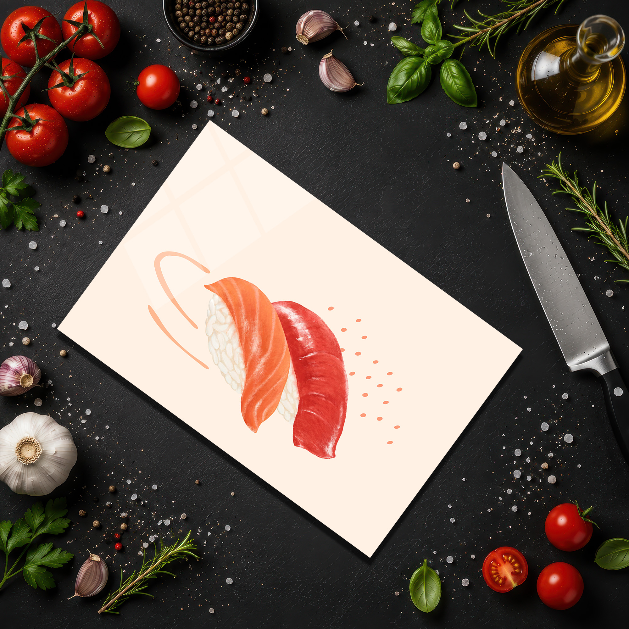 Modern Sushi Temalı Yuvarlak Cam Kesme Tahtası - Glazella Modern Sushi Temalı Yuvarlak Cam Kesme Tahtası - Glazella