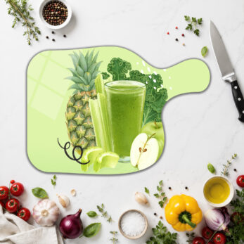 Sağlıklı Yaşam Yeşil Smoothie Desenli Cam Kesme Tahtası - Glazella