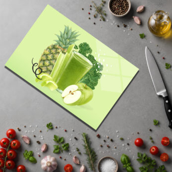 Sağlıklı Yaşam Yeşil Smoothie Desenli Cam Kesme Tahtası - Glazella