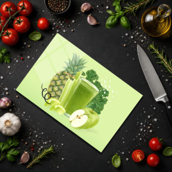 Sağlıklı Yaşam Yeşil Smoothie Desenli Cam Kesme Tahtası - Glazella