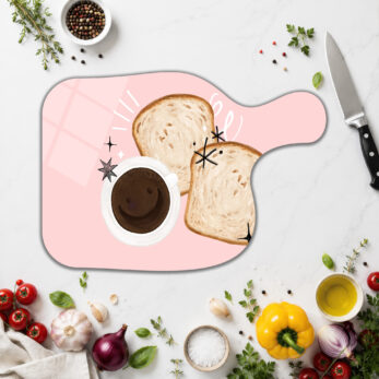 Neşeli Kahve ve Ekmek Dilimli Pembe Yuvarlak Cam Kesme Tahtası - Glazella