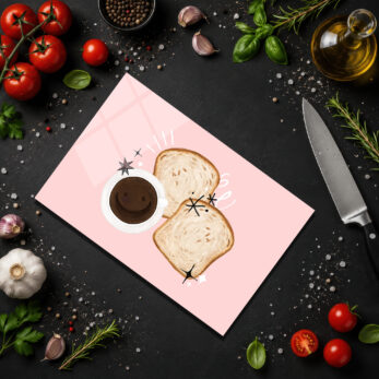 Neşeli Kahve ve Ekmek Dilimli Pembe Yuvarlak Cam Kesme Tahtası - Glazella