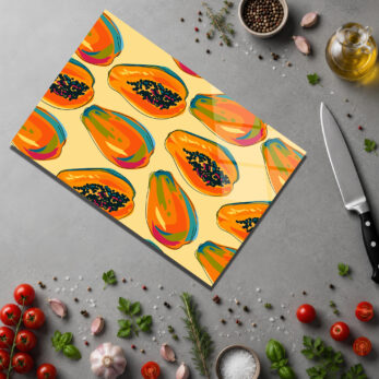 Tropikal Papaya Desenli Şık Temperli Cam Kesme Tahtası - Glazella