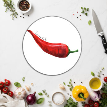 "I'm So Hot" Kırmızı Biber Desenli Yuvarlak Cam Kesme Tahtası - Glazella