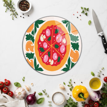 Canlı Pizza Desenli Çok Amaçlı Temperli Cam Kesme Tahtası - Glazella
