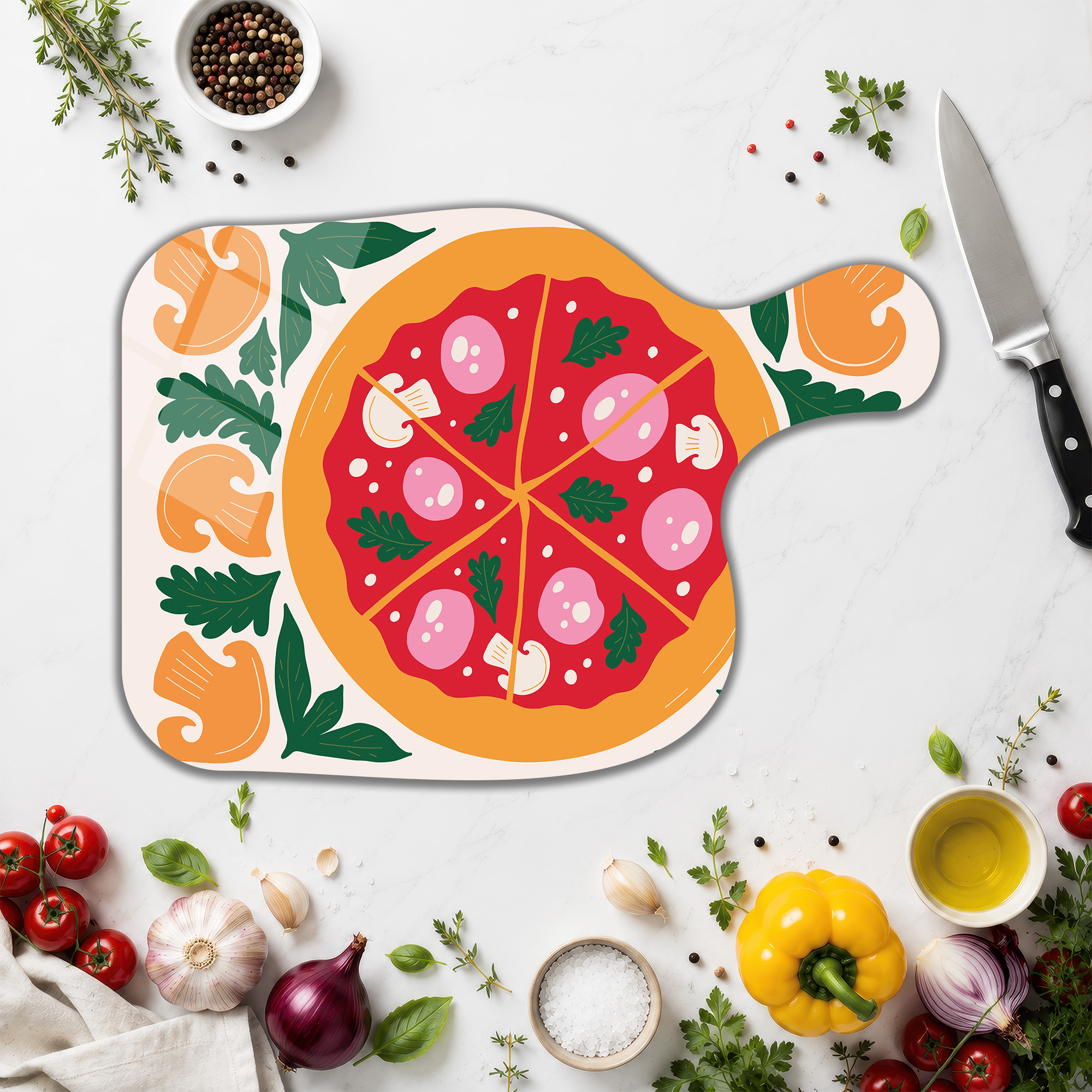 Canlı Pizza Desenli Çok Amaçlı Temperli Cam Kesme Tahtası - Glazella Canlı Pizza Desenli Çok Amaçlı Temperli Cam Kesme Tahtası - Glazella