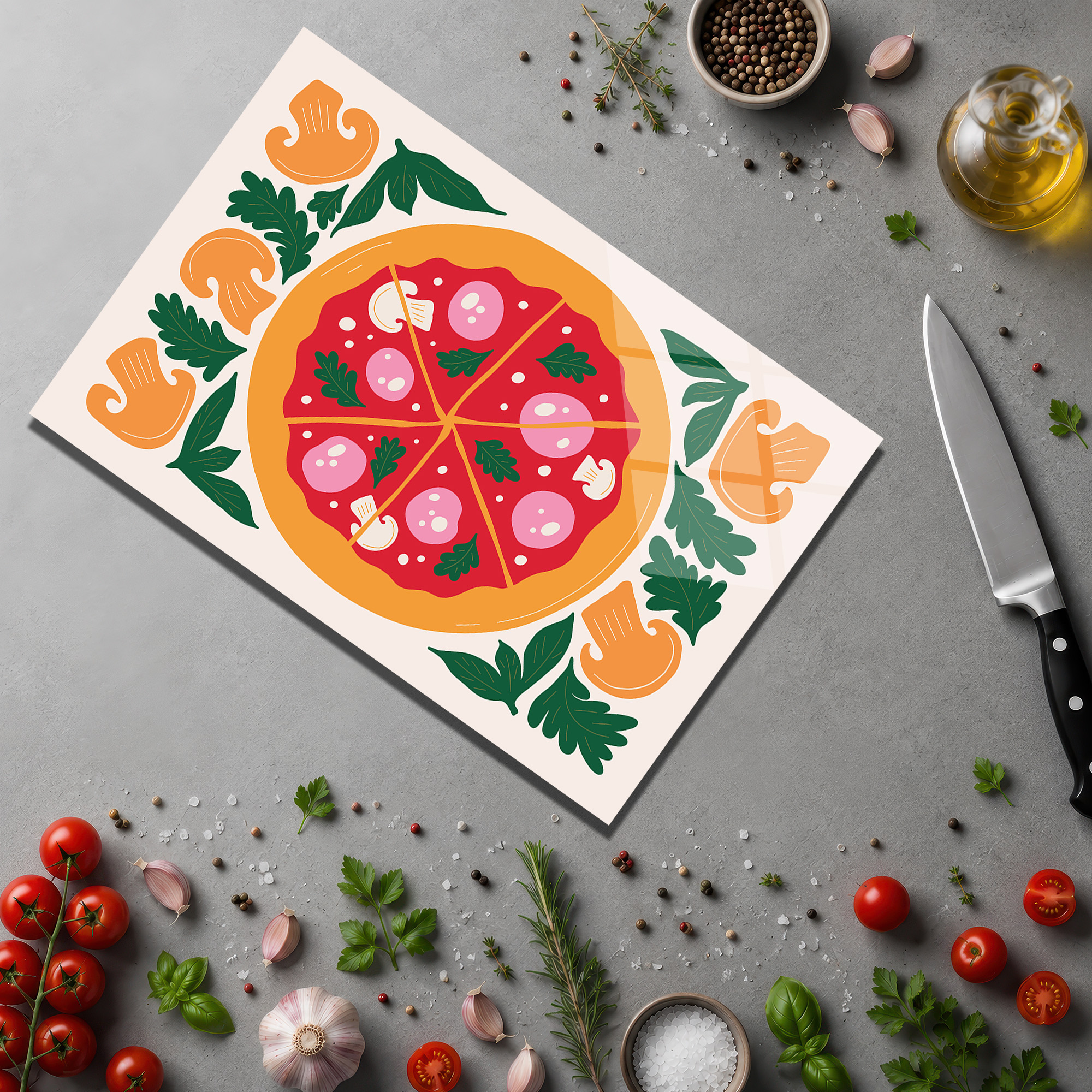 Canlı Pizza Desenli Çok Amaçlı Temperli Cam Kesme Tahtası - Glazella Canlı Pizza Desenli Çok Amaçlı Temperli Cam Kesme Tahtası - Glazella