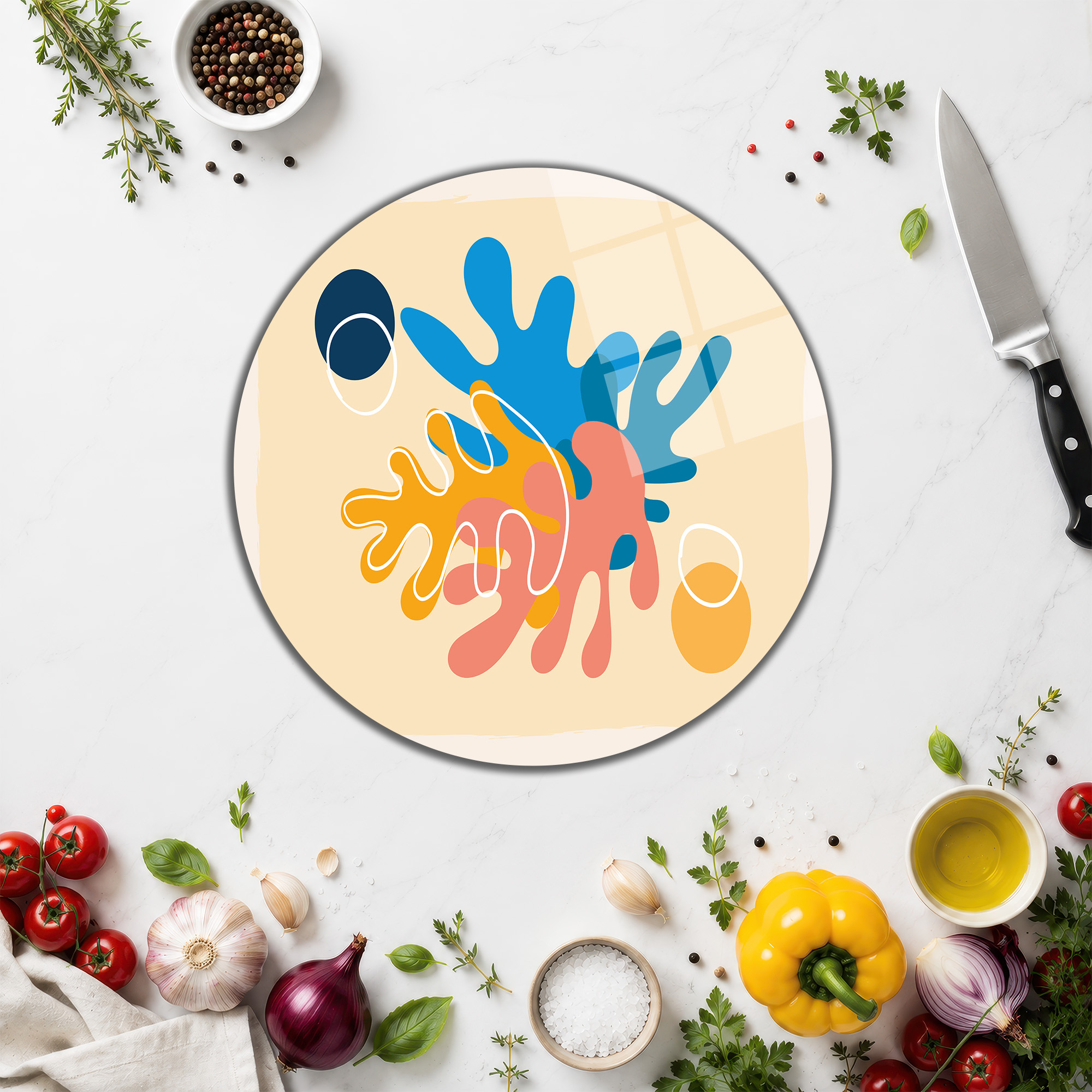 Modern Sanat Motifli Yuvarlak Cam Kesme Tahtası - Glazella Modern Sanat Motifli Yuvarlak Cam Kesme Tahtası - Glazella