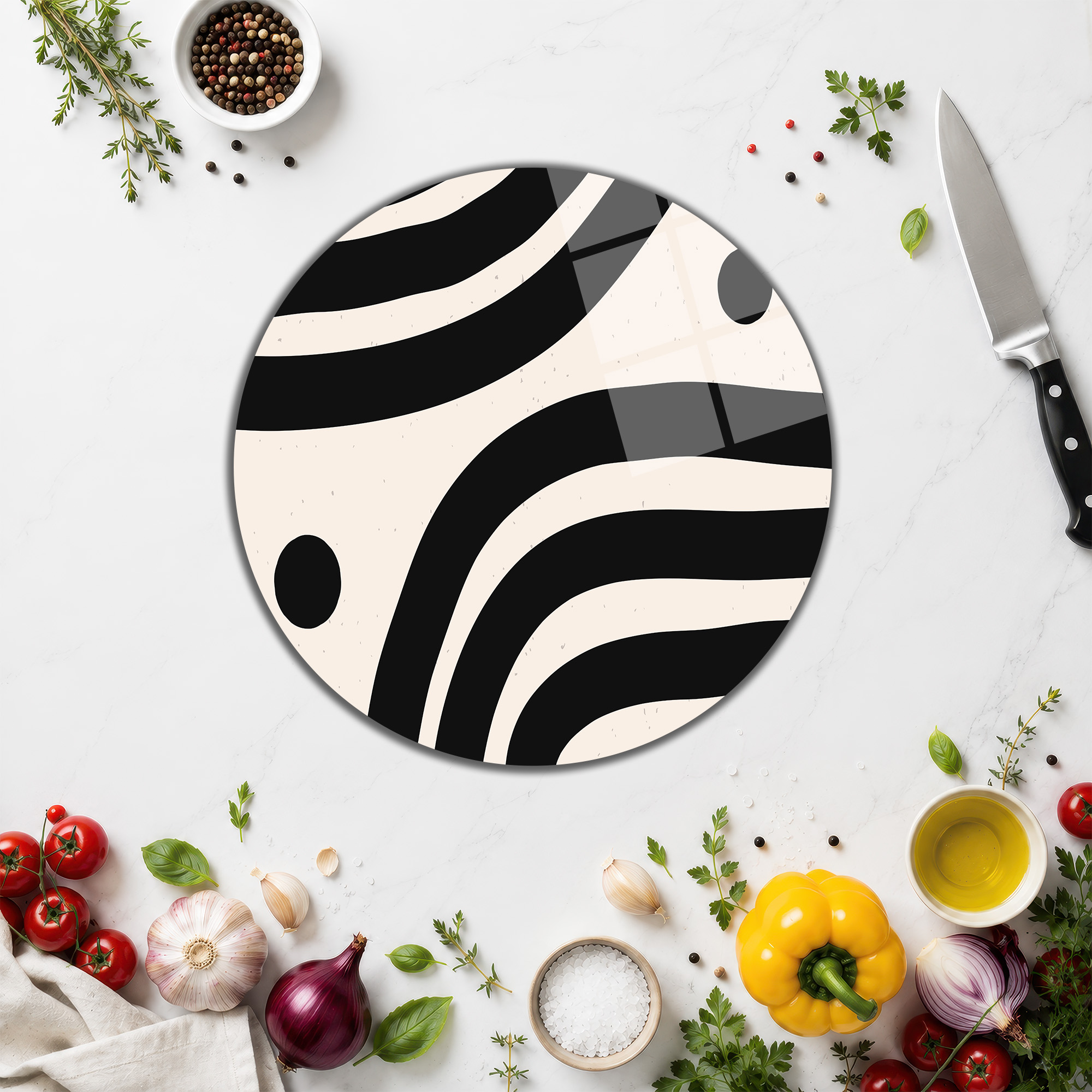 Modern Dalgalar Desenli Yuvarlak Cam Kesme Tahtası - Glazella Modern Dalgalar Desenli Yuvarlak Cam Kesme Tahtası - Glazella