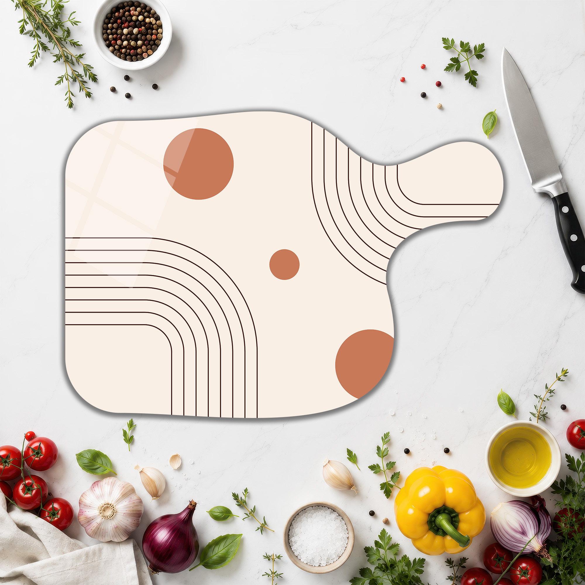 Minimalist Sanat Desenli Yuvarlak Cam Kesme Tahtası - Glazella Minimalist Sanat Desenli Yuvarlak Cam Kesme Tahtası - Glazella