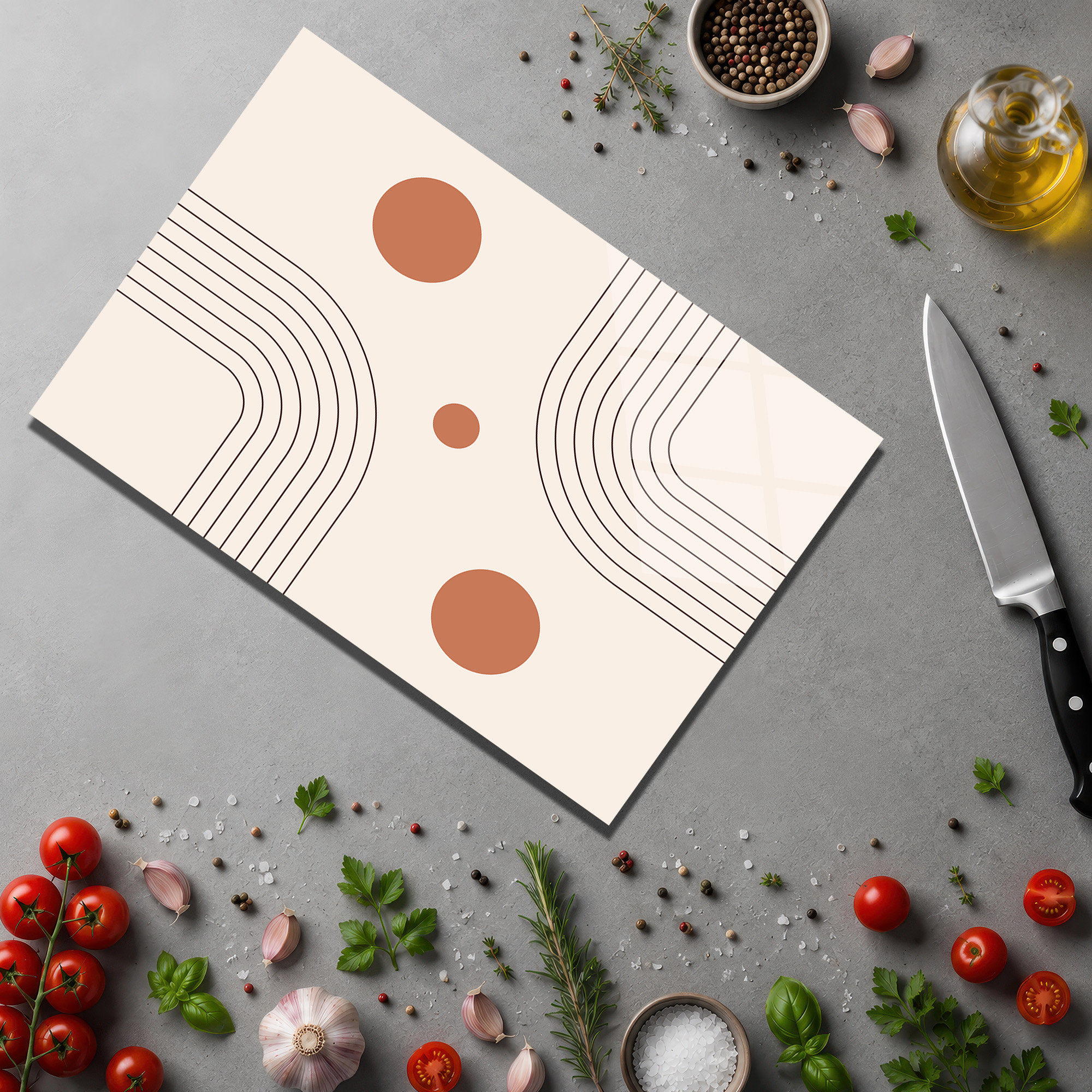 Minimalist Sanat Desenli Yuvarlak Cam Kesme Tahtası - Glazella Minimalist Sanat Desenli Yuvarlak Cam Kesme Tahtası - Glazella