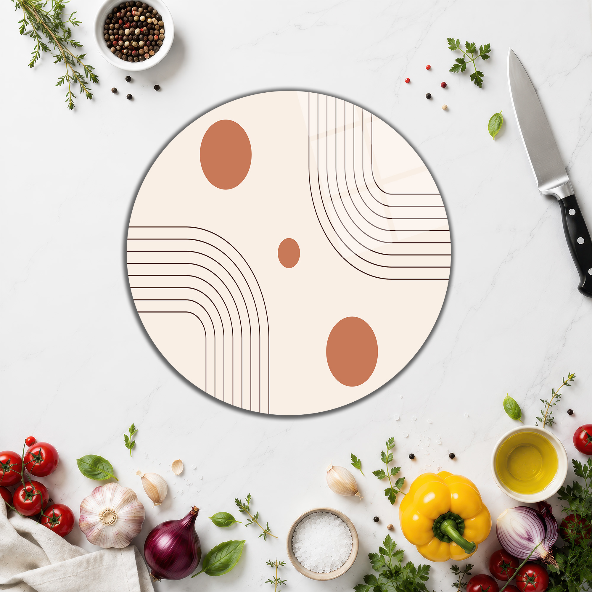 Minimalist Sanat Desenli Yuvarlak Cam Kesme Tahtası - Glazella Minimalist Sanat Desenli Yuvarlak Cam Kesme Tahtası - Glazella