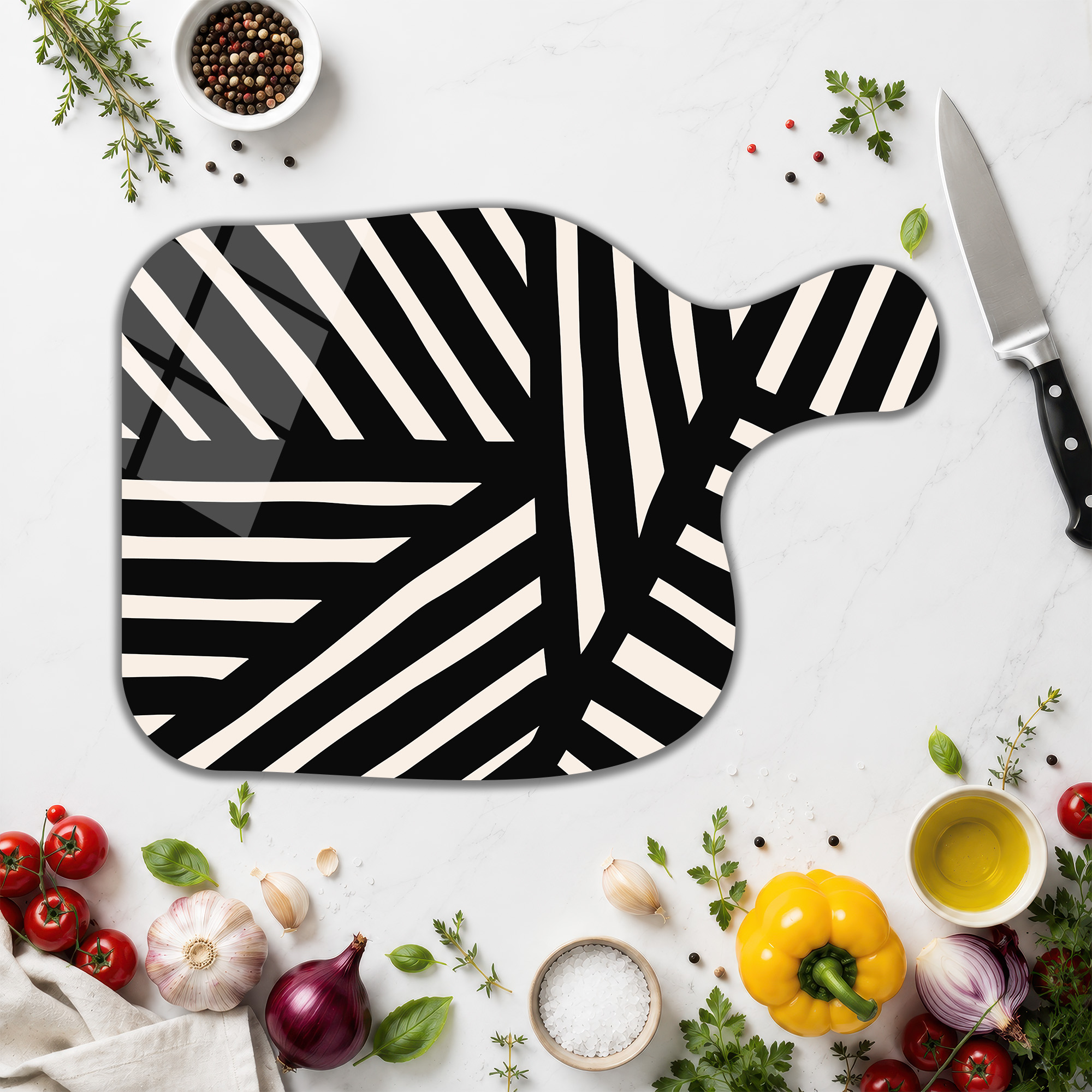 Modern Geometrik Desenli Siyah Beyaz Cam Kesme Tahtası - Glazella Modern Geometrik Desenli Siyah Beyaz Cam Kesme Tahtası - Glazella
