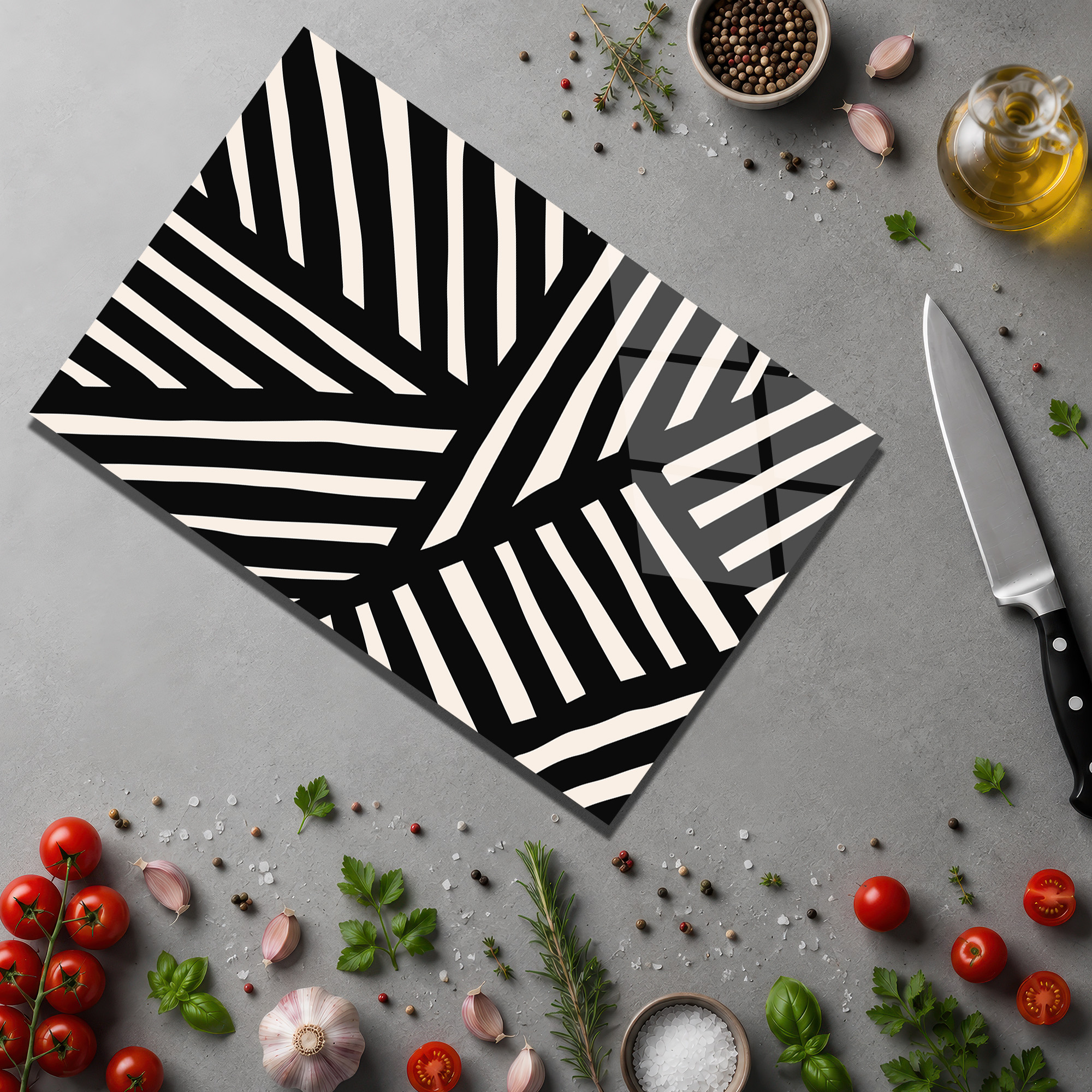 Modern Geometrik Desenli Siyah Beyaz Cam Kesme Tahtası - Glazella Modern Geometrik Desenli Siyah Beyaz Cam Kesme Tahtası - Glazella