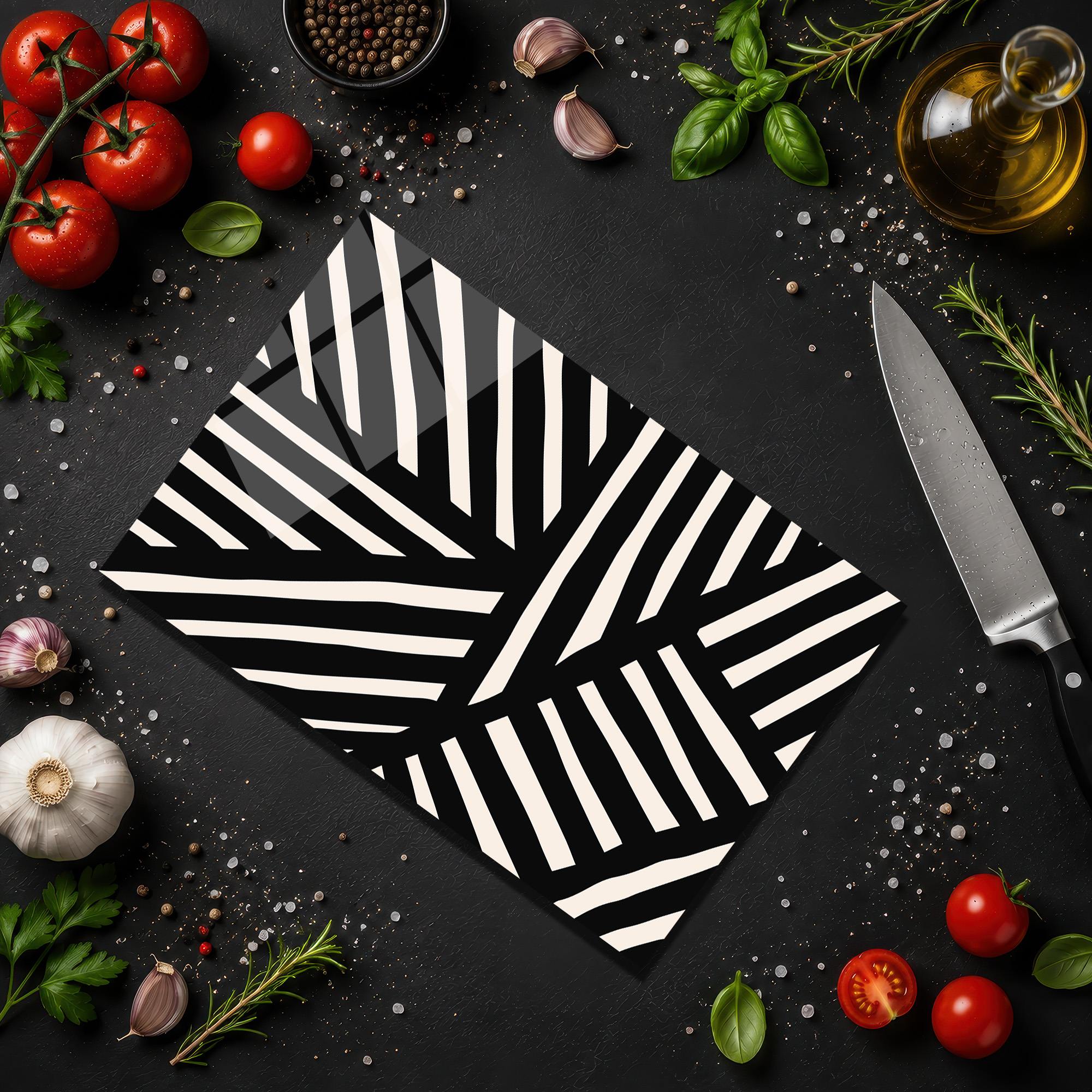 Modern Geometrik Desenli Siyah Beyaz Cam Kesme Tahtası - Glazella Modern Geometrik Desenli Siyah Beyaz Cam Kesme Tahtası - Glazella