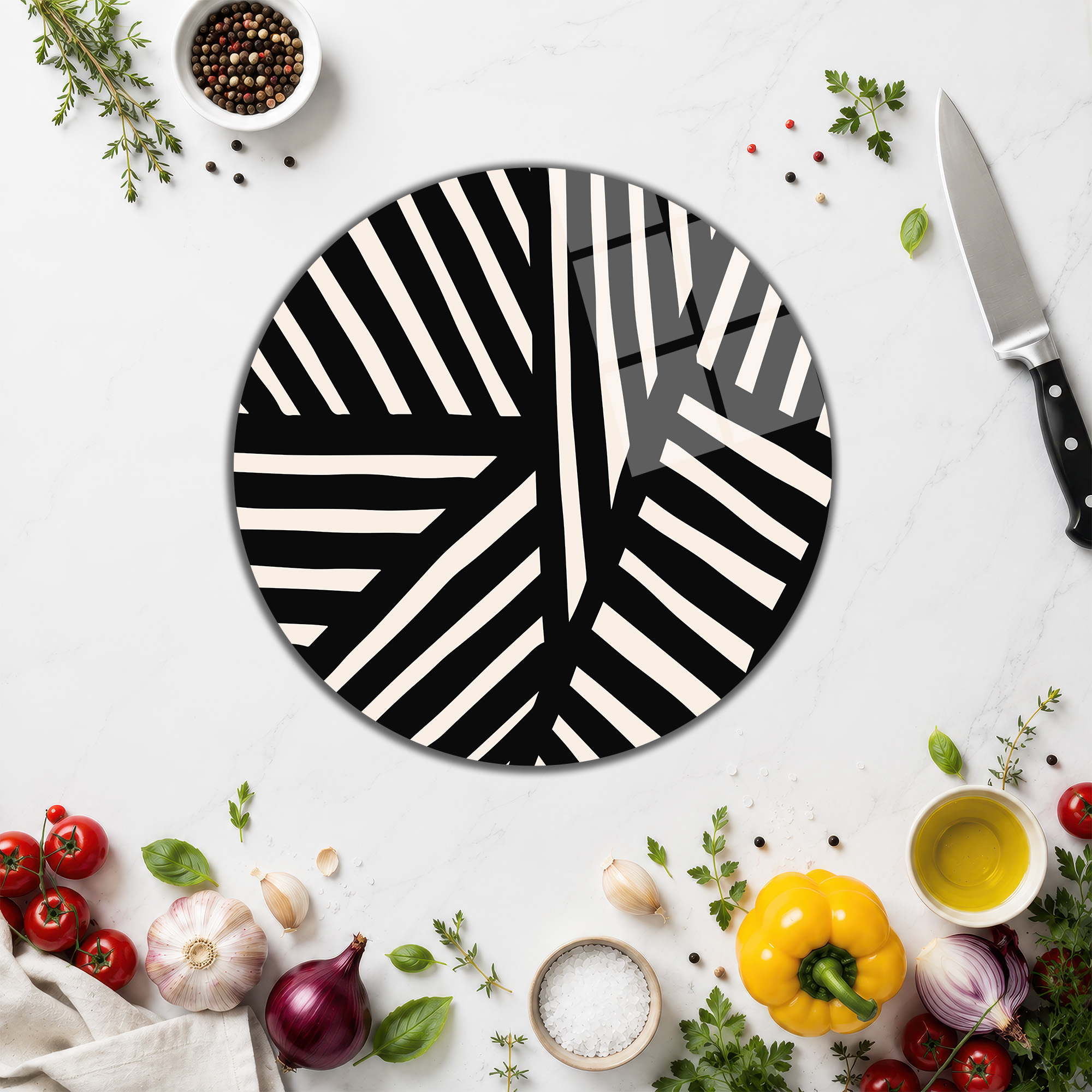 Modern Geometrik Desenli Siyah Beyaz Cam Kesme Tahtası - Glazella Modern Geometrik Desenli Siyah Beyaz Cam Kesme Tahtası - Glazella