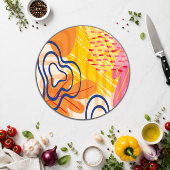 Canlı Renklerle Modern Sanat Temalı Yuvarlak Cam Kesme Tahtası - Glazella