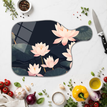 Lotus Bahçesi Temalı Temperli Cam Kesme Tahtası - Glazella