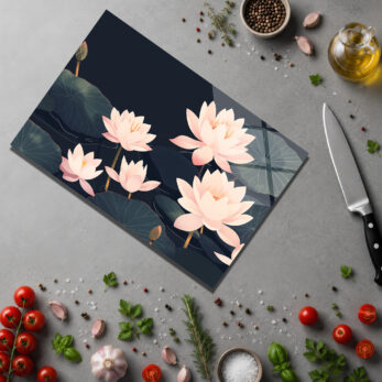 Lotus Bahçesi Temalı Temperli Cam Kesme Tahtası - Glazella
