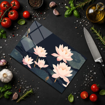 Lotus Bahçesi Temalı Temperli Cam Kesme Tahtası - Glazella