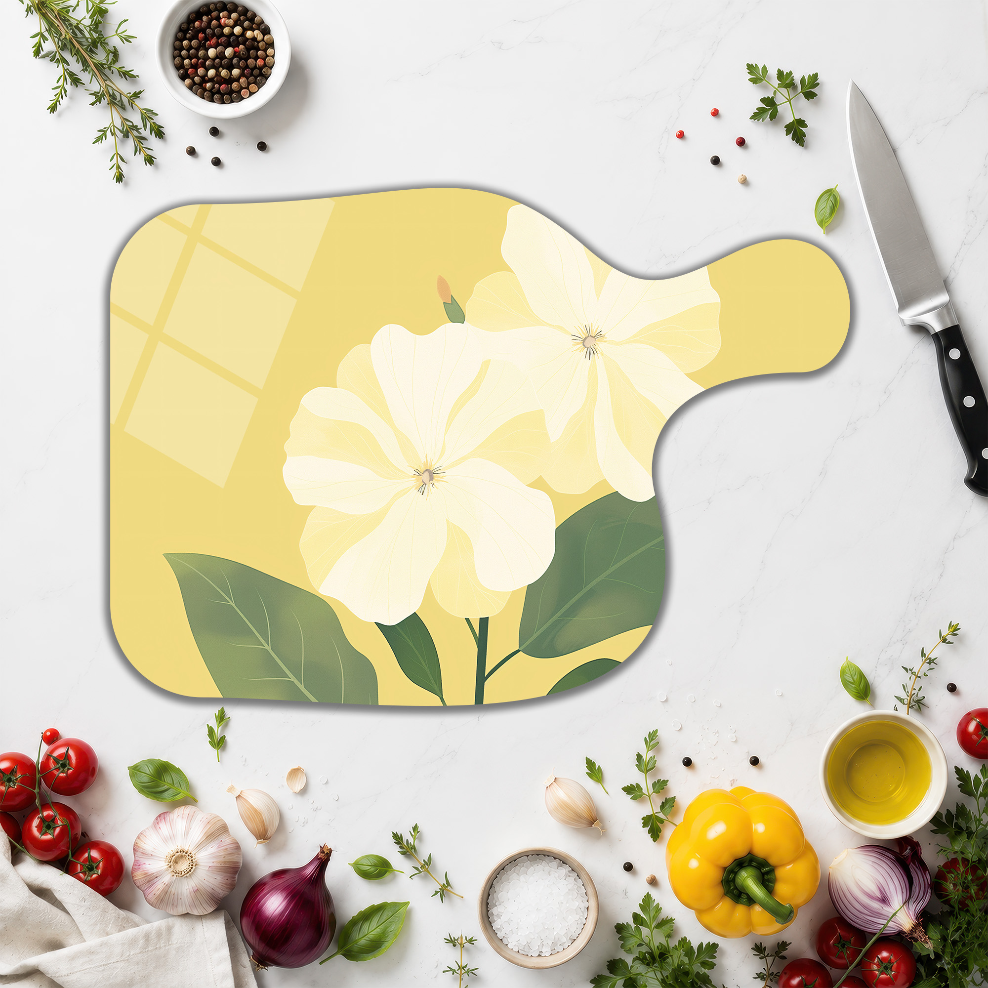 Sarı Çiçek Desenli Dekoratif Cam Kesme Tahtası ve Servis Tabağı - Glazella Sarı Çiçek Desenli Dekoratif Cam Kesme Tahtası ve Servis Tabağı - Glazella