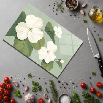 Minimalist Çiçek Desenli Temperli Cam Kesme Tahtası - Glazella