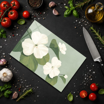 Minimalist Çiçek Desenli Temperli Cam Kesme Tahtası - Glazella