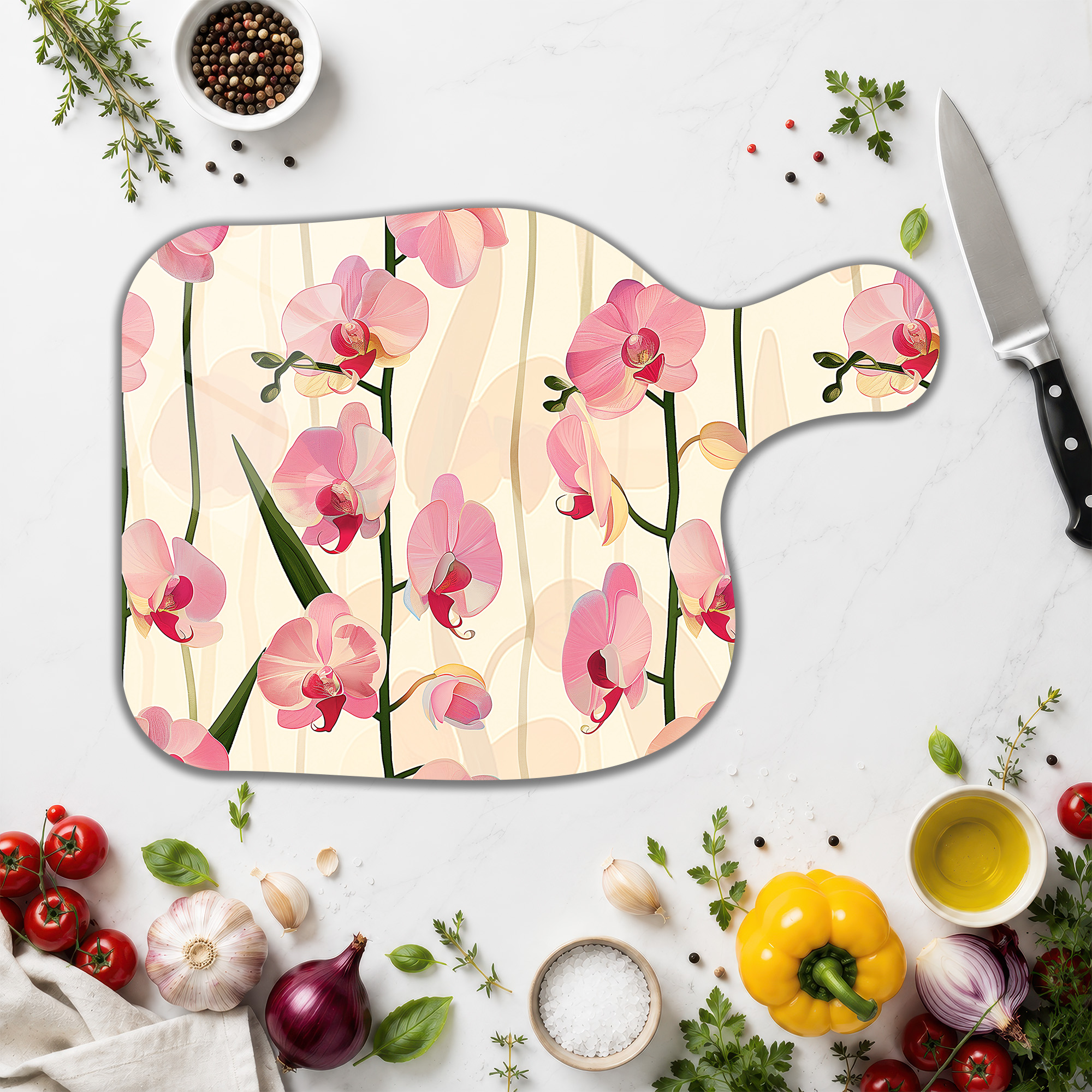 Pembe Orkideler Desenli Şık Yuvarlak Cam Kesme Tahtası - Glazella Pembe Orkideler Desenli Şık Yuvarlak Cam Kesme Tahtası - Glazella
