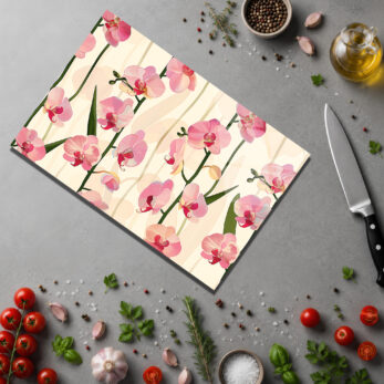 Pembe Orkideler Desenli Şık Yuvarlak Cam Kesme Tahtası - Glazella Pembe Orkideler Desenli Şık Yuvarlak Cam Kesme Tahtası - Glazella