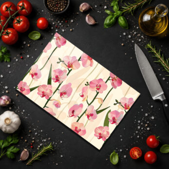 Pembe Orkideler Desenli Şık Yuvarlak Cam Kesme Tahtası - Glazella Pembe Orkideler Desenli Şık Yuvarlak Cam Kesme Tahtası - Glazella