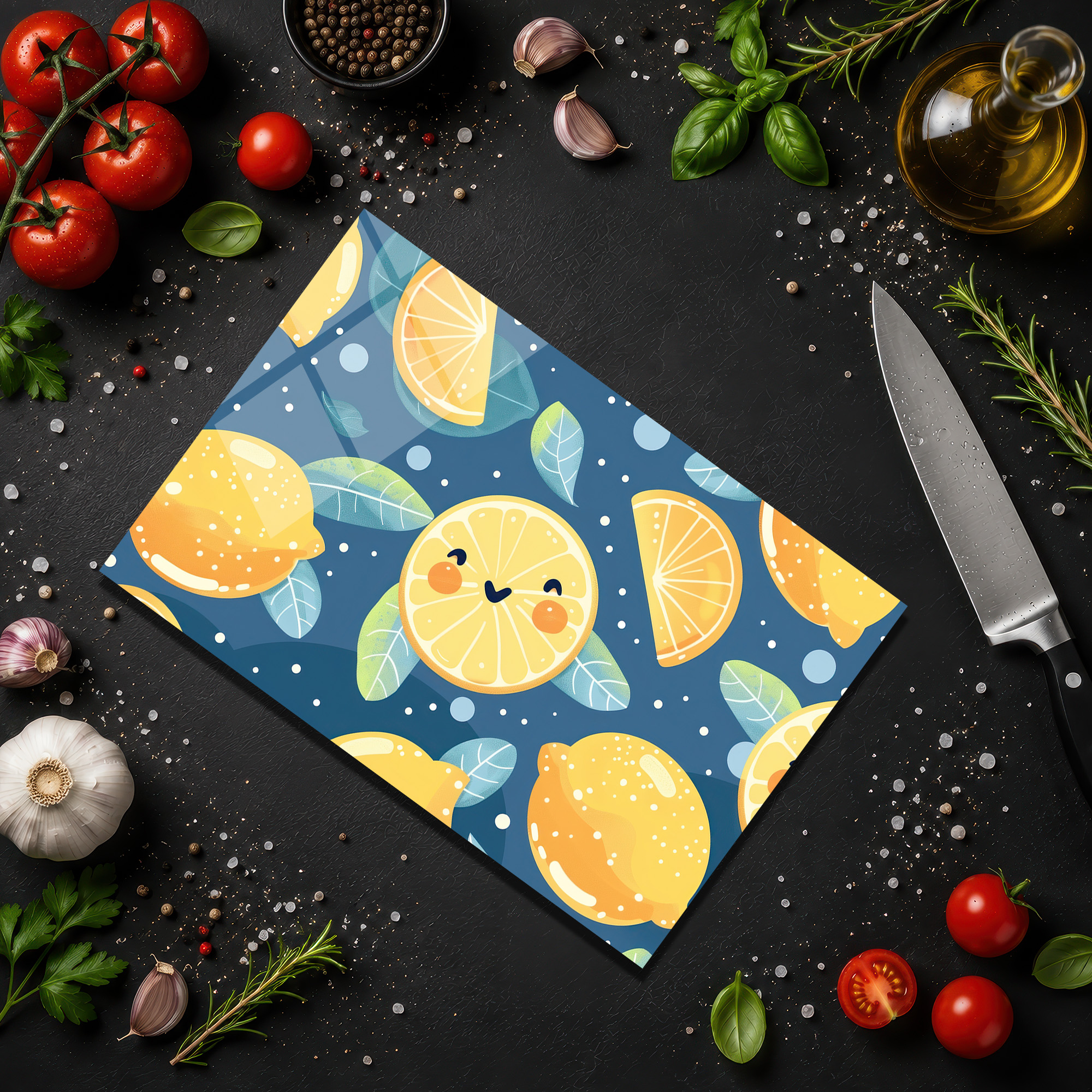 Neşeli Limon Desenli Cam Kesme Tahtası ve Servis Tabağı - Glazella Neşeli Limon Desenli Cam Kesme Tahtası ve Servis Tabağı - Glazella