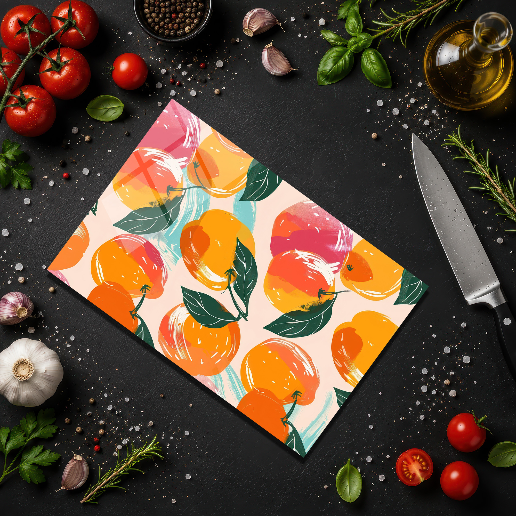 Canlı Narenciye Desenli Yuvarlak Cam Kesme Tahtası - Glazella Canlı Narenciye Desenli Yuvarlak Cam Kesme Tahtası - Glazella