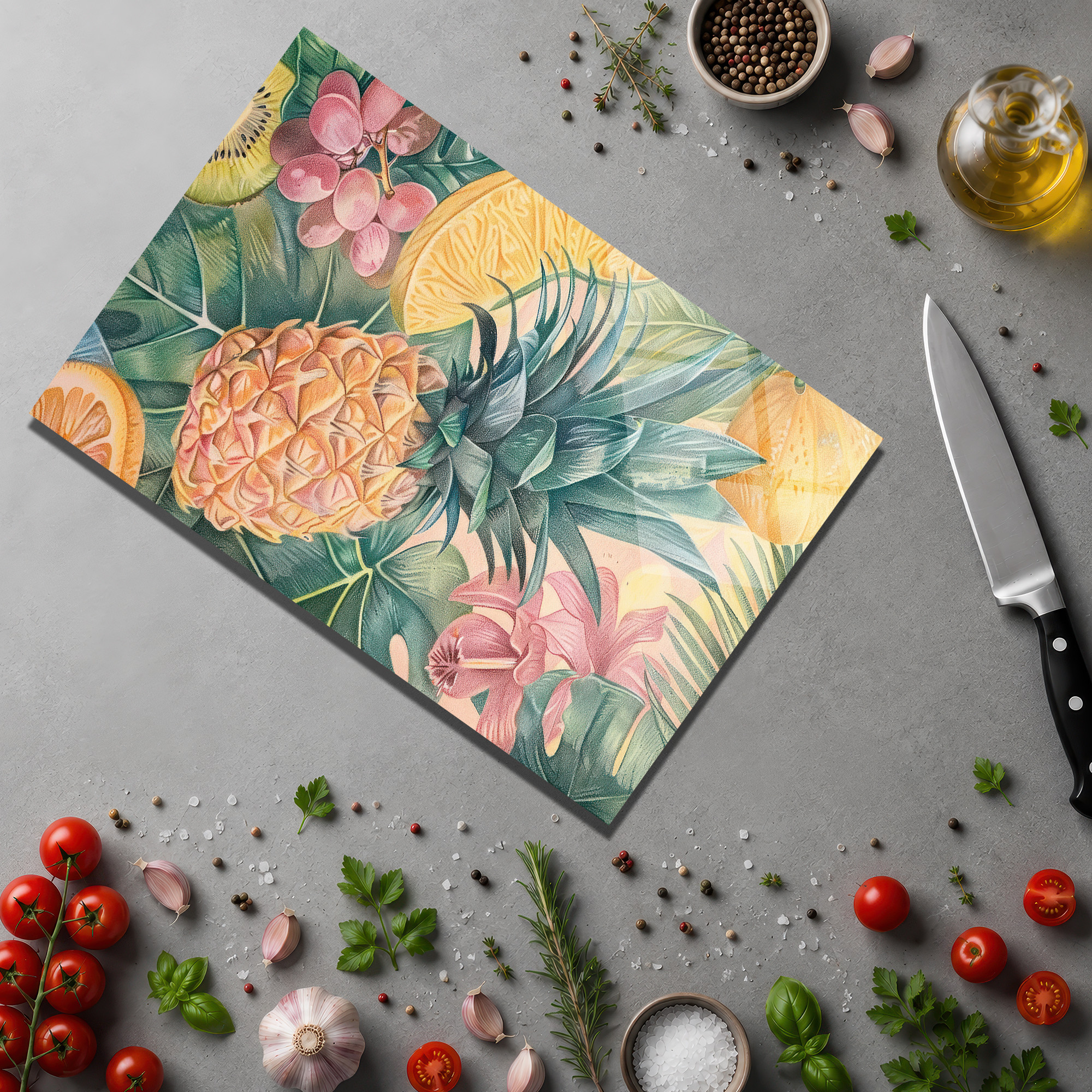 Tropikal Desenli Dekoratif Cam Kesme Tahtası - Glazella Tropikal Desenli Dekoratif Cam Kesme Tahtası - Glazella