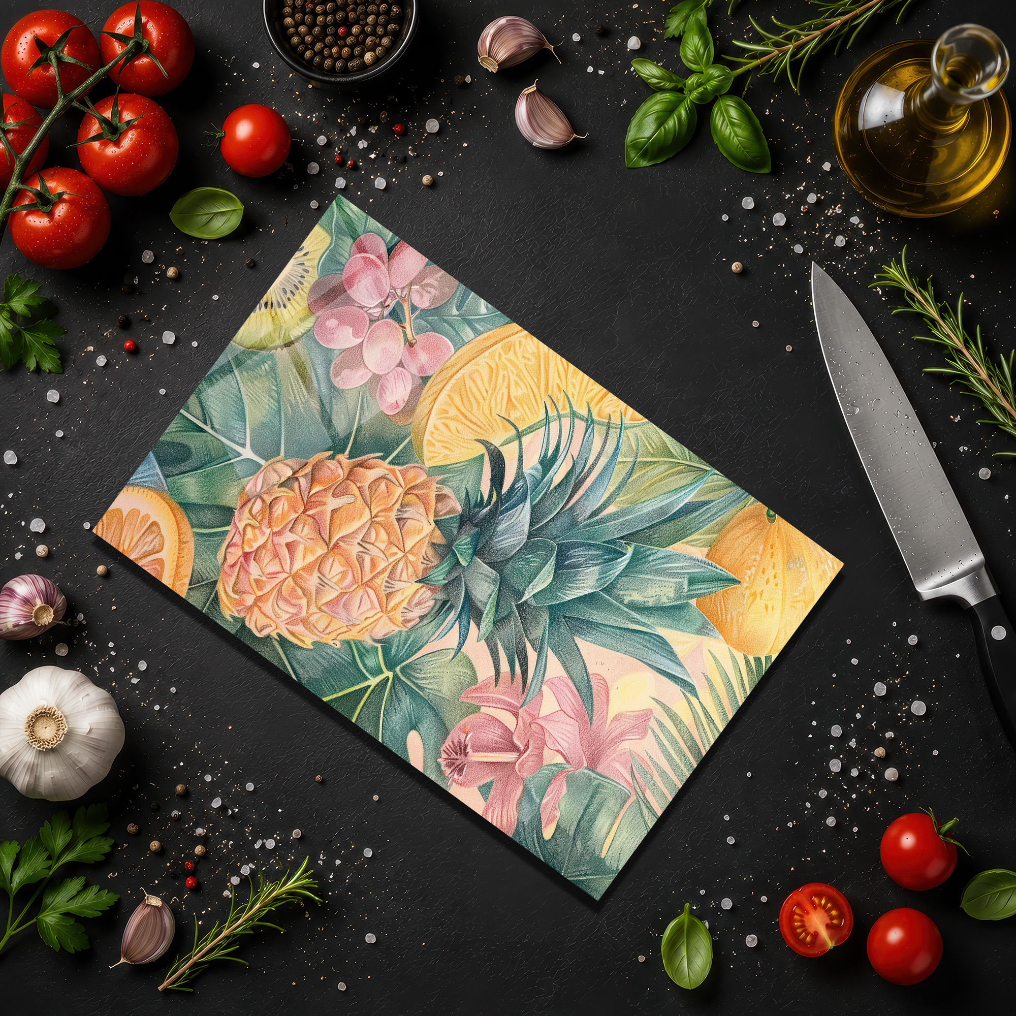 Tropikal Desenli Dekoratif Cam Kesme Tahtası - Glazella Tropikal Desenli Dekoratif Cam Kesme Tahtası - Glazella