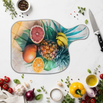 Tropik Meyveli Dekoratif Yuvarlak Cam Kesme Tahtası - Glazella