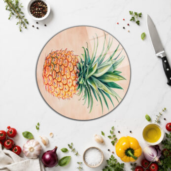Ananas Desenli Yuvarlak Cam Kesme Tahtası | Şık Mutfak Dekorasyonu - Glazella